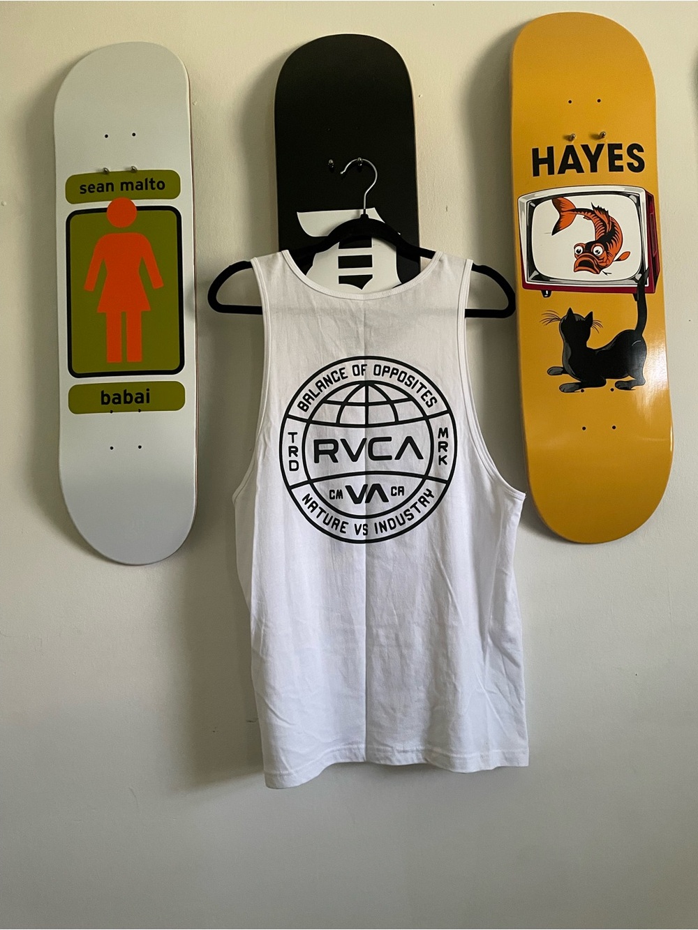 RVCA White Tank with Black Globe Logo